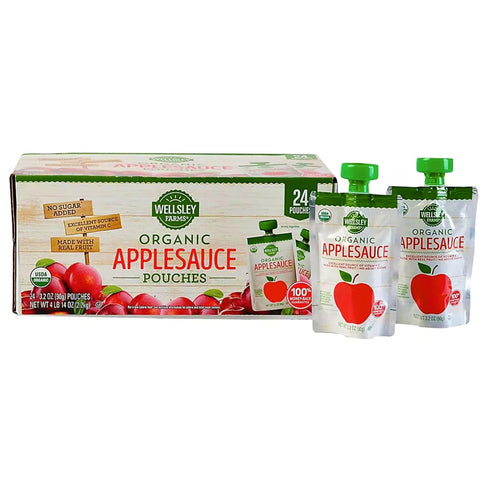 Wellsley Farms 24-Pack (3.2 oz 100% Organic Applesauce Pouches, Each) Real Fruit, No Sugar Added, Gluten-Free, Kosher
