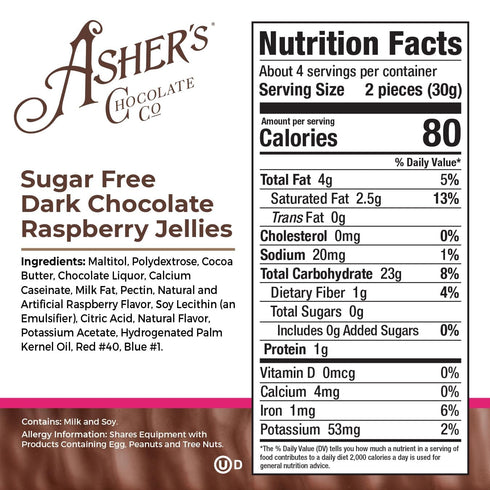 1892 (5 Asher's Chocolates, Sugar Free Dark Chocolate Raspberry Jellies, Diabetic Friendly Chocolate, Small Batches