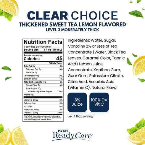 3 4 oz (48 pack) Lyons ReadyCare Thickened Sweetened Tea with Lemon for Dysphagia & Swallowing Difficulty - Honey