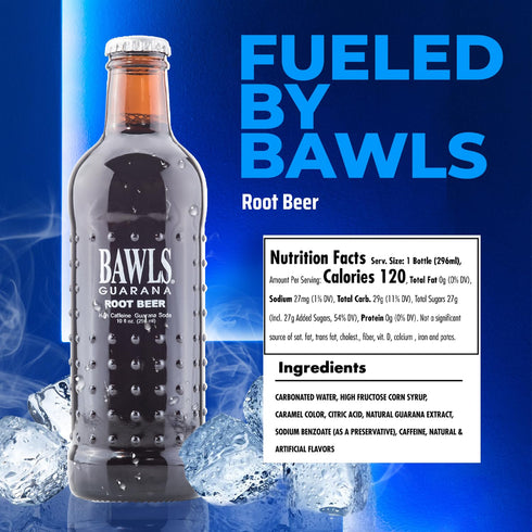 10oz 12 Pack BAWLS Guarana Root Beer, BAWLS Guarana Drink, Guarana Soda, Guarana Fueled Soda for Energy, High Energy