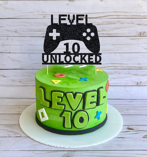 Level 10 Unlocked Cake Topper, Game Controller Cake Topper for 10th Birthday Party Decoration