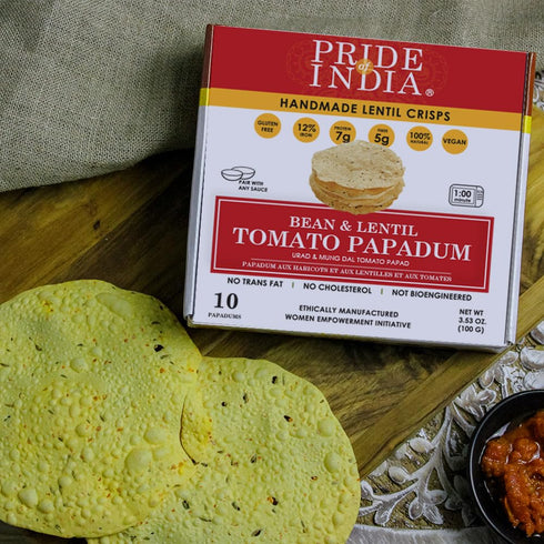 Pack 6-10 Count (3.53oz 100gm) Pride Of India | Tomato Papadum, of Box - | Protein Fiber & Iron Rich, Gluten-Free Vegan