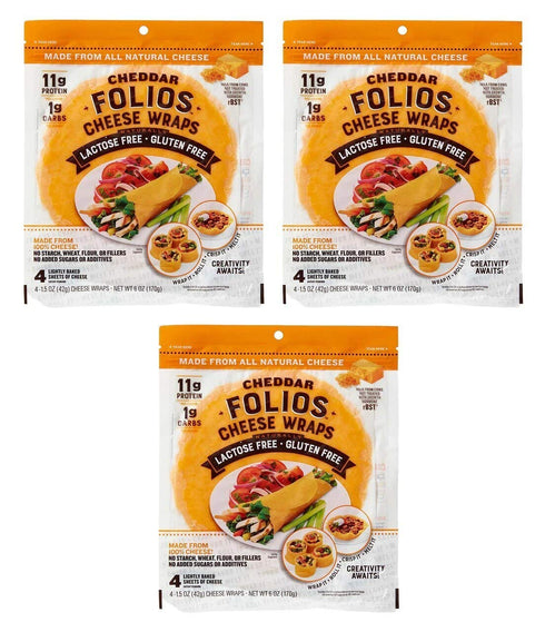 100% 1 3 Pack Folios All Natural Cheese Wraps | Cheddar Flavor | Gluten Free, Grain Free and Naturally Lactose Free |