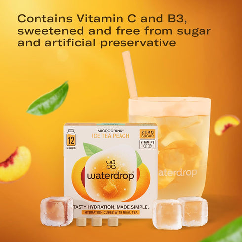 24 Count Waterdrop Hydration Cubes with Vitamin C, B Vitamins, and Electrolytes, Iced Tea Peach Flavor, Flavored Water