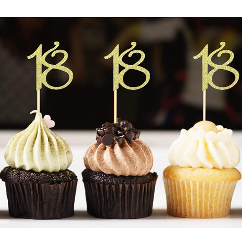 Sumerk 24PCS Gold Glitter 18 Cupcake Toppers for 18th Birthday Anniversary Party Decorations