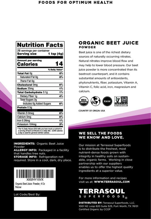 4 Oz Terrasoul Superfoods Organic Beet Juice Powder, - Grown in USA | Concentrated Beet Juice Crystals | Energy