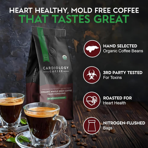 12oz Cardiology Coffee Medium Roast Decaf Coffee Beans USDA Certified Organic, Mold Free Premium Whole Bean Coffee
