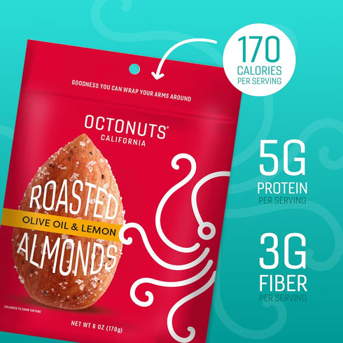 (6oz) Octonuts Olive Oil & Lemon Roasted Almonds Plant Based Protein Snack with Fiber Keto Friendly, Gluten-Free, Vegan