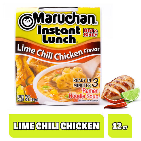 3 2.25 Oz. (12 Pack) Maruchan Instant Lunch Ramen Noodles, Lime Chili Chicken Flavor Japanese-Style Instant Noodle