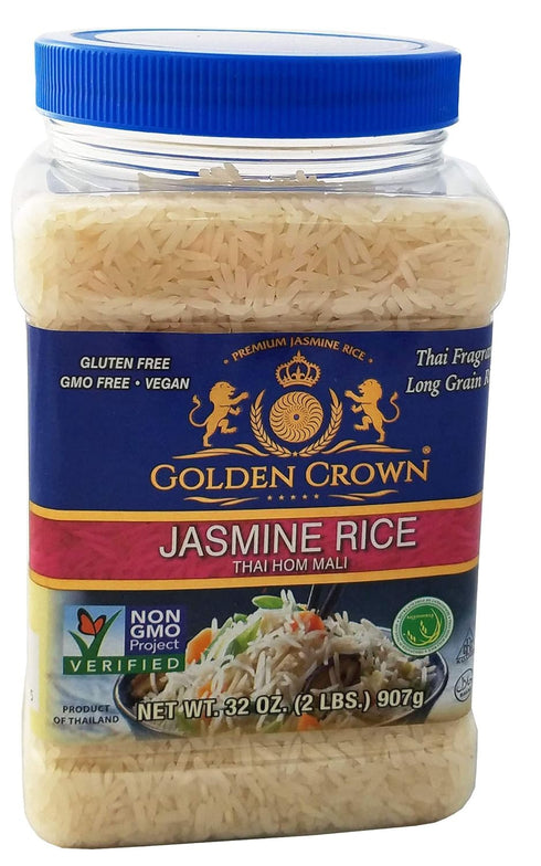 Golden Crown Jasmine Rice - 32 oz (2 LB) Jar, Non-Sticky, Fluffy