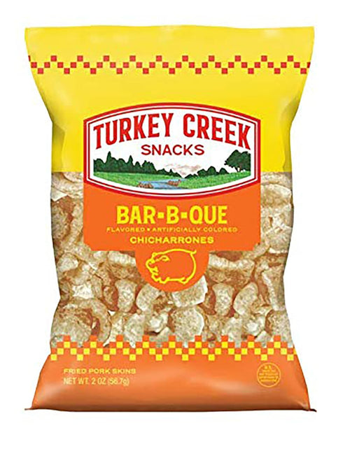 12-Bag Pack packed 12 2.0 oz Turkey Creek - Americas Best Fried Pork Skins, offers a Straight of its Bar-B-Q Pork