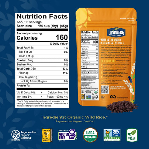 100% 8 Oz Lundberg Wild Rice, Regenerative Organic Certified Natural California Cultivated Wild Black Rice