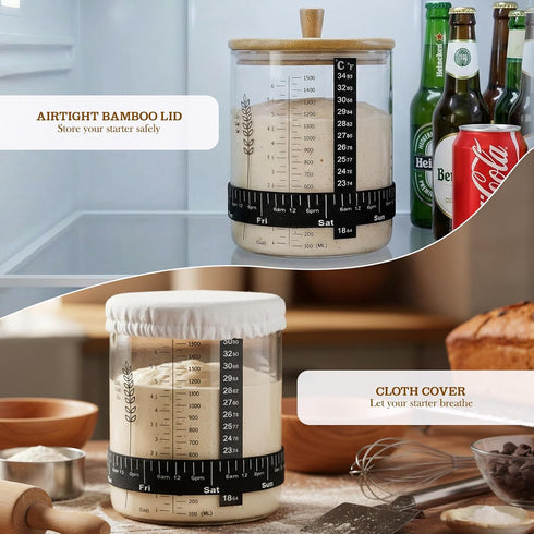 50oz 1 Pack SheeChung Sourdough Starter Jar, Wide Mouth Sourdough Jar Glass, Bamboo Lid, Cloth Cover, Date Tracker