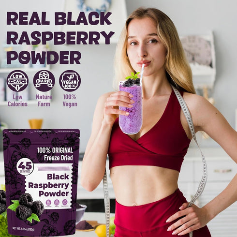 6.35oz (180g) Freeze Dried Black Raspberry Powder - No Added Sugar, Resealable Pouch, Rich Berry Flavor for Smoothies
