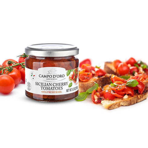 6.35oz, 100% CAMPO D'ORO - Sundried Cherry Tomatoes in Oil, Made with Fresh Basil, Glass Jar made in Italy, Sicilian