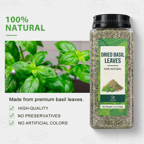 5 oz (142g), Soeos Basil Leaves, Cut and Sifted, Dried Basil Leaves, Pairs Well with Pasta, Salad, Pizza, Sauces