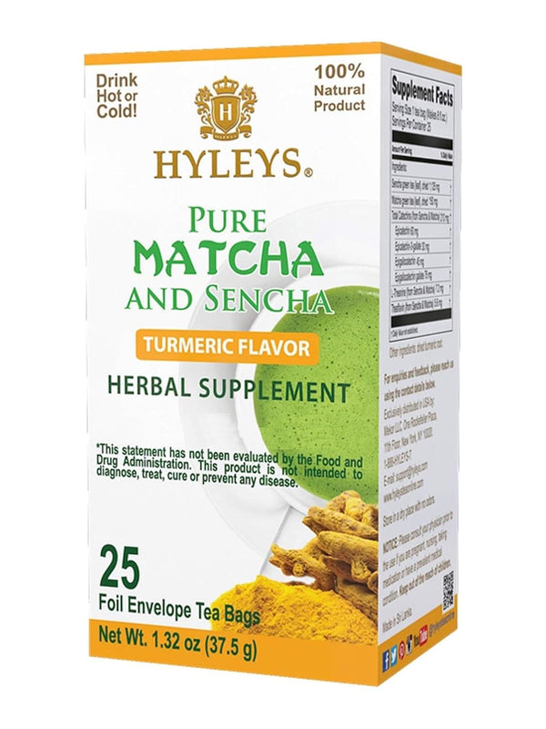 Hyleys Matcha Tea Bags with Turmeric, 25 Bags Japanese Pure Matcha Wellness Green Tea