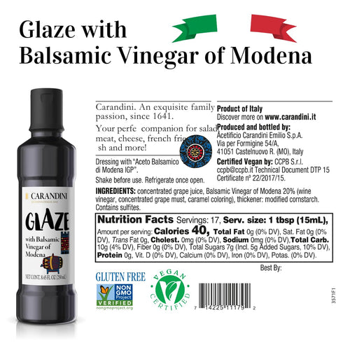 8.45 Oz Pack 2 CARANDINI Glaze with Balsamic Vinegar of Modena Non-GMO, Vegan, Gluten-Free, Made Without Glucose Syrup