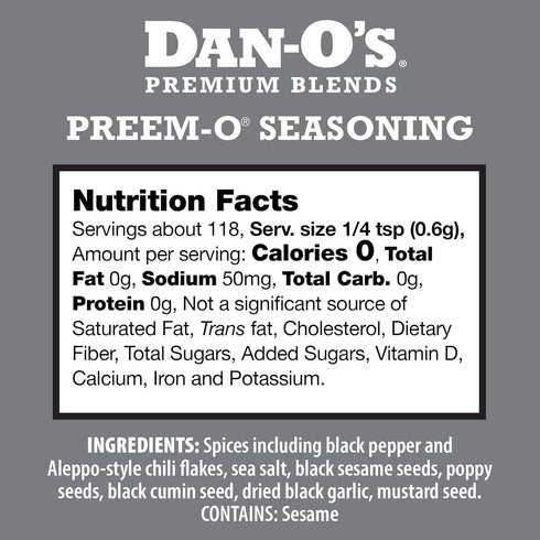 2.5 oz Dan-O's Preem-O Seasoning, Bottle, Meat Seasoning for Steak, Ribs, Chicken, Brisket and More, Sugar Free, Zero