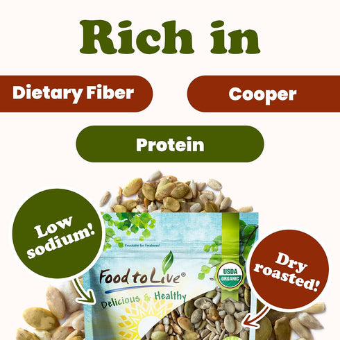 4 Food to Live Organic Dry Roasted Sunflower and Pumpkin Seed Mix, Pounds Oven Roasted, No Oil added, Healthy, Natural