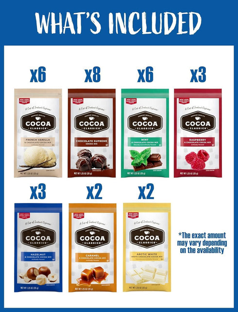 Set 30 Count, 7 Cozy Hot Cocoa Mix Gift Different Flavors, Hot Chocolate Sampler Box for Students, Coworkers, Teens