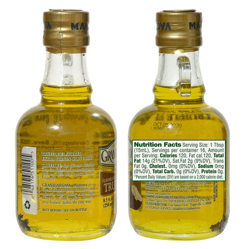 100% 8.5 oz Mantova GrandAroma Truffle Flavored Extra Virgin Olive Oil, made in Italy, cold-pressed, natural