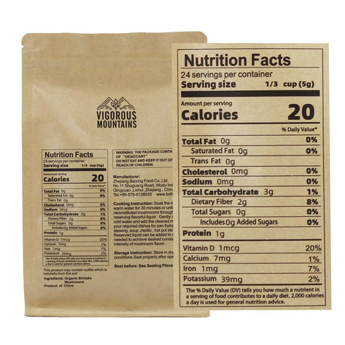 4.23oz, 120g VIGOROUS MOUNTAINS USDA Organic Dried Shiitake Mushrooms Dry Dehydrated Mushrooms for Cooking