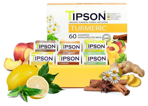 Tipson Organic Turmeric Variety Sampler - 6 Flavors (60 Tea Bags), Herbal Tea Infusions, USDA Organic