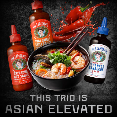 Pack 12oz, 3 Pack Melindas Asian Trio Collection - Gourmet Hot Sauce Variety with Sriracha Hot Sauce, Japanese BBQ