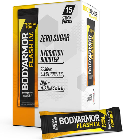 BODYARMOR Flash I.V. Electrolyte Packets, Tropical Punch, Zero Sugar Drink Mix, Single