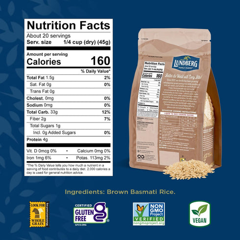 100% (32 oz) Lundberg Family Farms - California Brown Basmati Rice, Pleasant Aroma, Won't Clump When Cooked, Whole