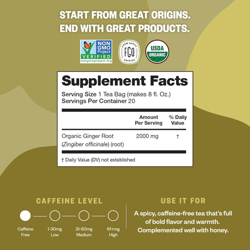 FGO Organic Ginger Tea - 100 Count, Eco-Conscious Tea Bags, Caffeine Free, Packaging May Vary