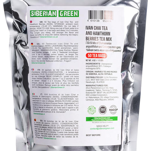 50-Pack Siberian Green Ivan Chai Tea and Hawthorn Berry Herbal Tea Bags Natural and Pure Botanical Herbs From Altai