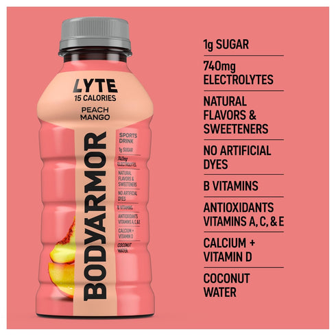15 12 Oz (8 Pack), BODYARMOR LYTE, Peach Mango, Electrolyte Drink, Calories, Fl Bottles Coconut Water Sports Drink