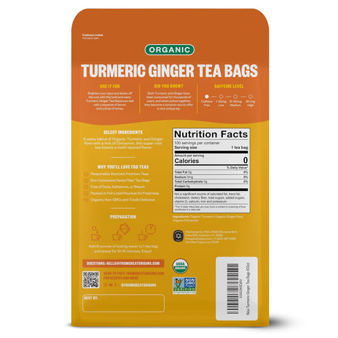 100 Count, Packaging (Pack 1) FGO Organic Turmeric Ginger Tea, Eco-Conscious Tea Bags, May Vary