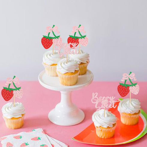 24 Pack Ercadio Strawberry Cupcake Toppers Glitter Bow Birthday Strawberry Cake Picks for Fruit Baby Shower Birthday