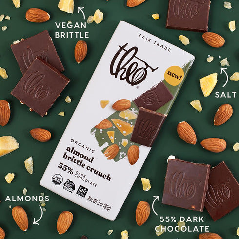 55% 6 Pack Theo Chocolate Almond Brittle Crunch Organic Dark Chocolate Bar, Cacao, | Vegan, Fair Trade
