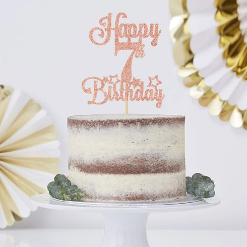 Happy 7th Birthday Cake Topper, Cheers to 7 Years, Hello 7, 7th Birthday Anniversary Party Decorations in Rose Gold