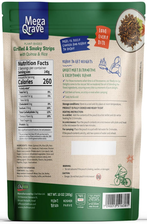 Mega Qrave 10 oz 15g Plant-Based Grilled & Smoky Strips with Quinoa & Rice, Ready-to-Eat Shelf-Stable Vegan Meal