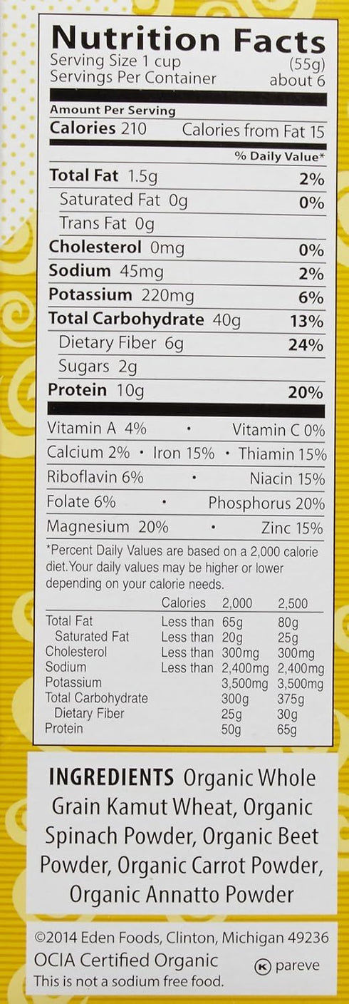100% 12 oz 6 Pack Eden Kamut Vegetable Spirals