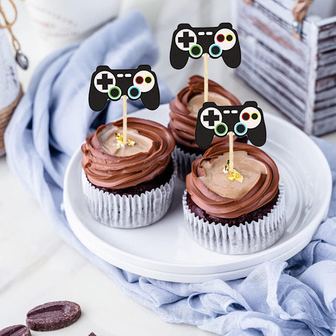 24 Pcs Video Game Controllers Cupcake Toppers - Gamepad Picks for Kids' Birthday Cake Decor.