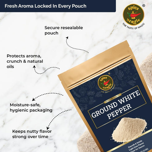 4 oz Spice Magic Ground White Pepper | Gentle, Mild Heat and Subtle Flavor Perfect For Light Sauces, Soups, Chicken