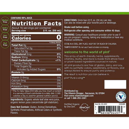 Organic Aloe Vera Juice a" Whole Leaf Superfood (32 fl. oz./16 Servings)