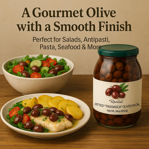 34oz (950g) Ranise Pitted Taggiasca Olives in Extra Virgin Olive Oil - Authentic Taggiasca Olives from Liguria, Italy
