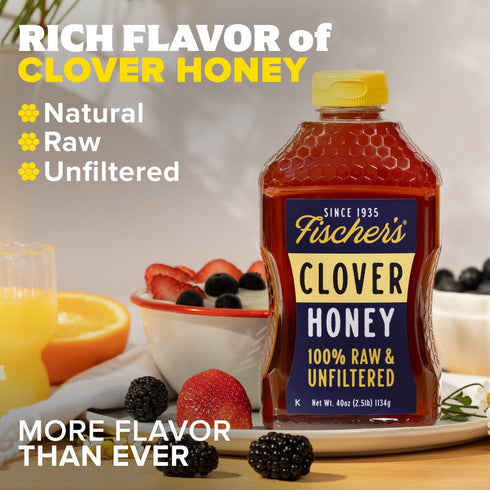 40 oz 100% Packed Fischer's Pure Clover Honey Pure, Raw and Unfiltered Honey in a Squeeze Bottle All-Natural Sweetener