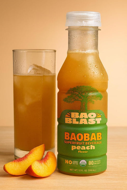 Immune 12 oz 6 BaoBlast Peach Baobab Drink Organic Baobab Fruit powder with peach, MonkFruit Sweetened Functional