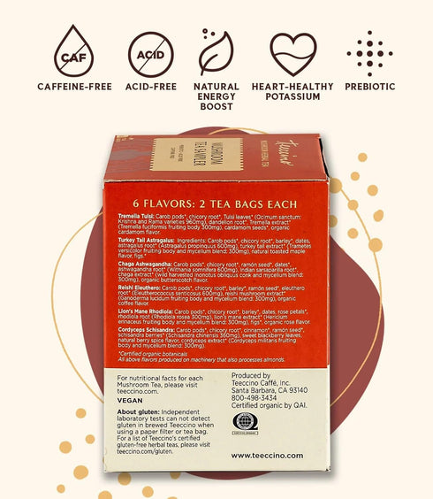 Teeccino Mushroom Herbal Tea - Mushroom Adaptogen Tea Sampler with 12 Tea Bags, Support Your Health with Mushrooms