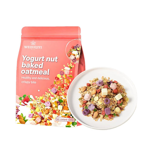WEIJUEJIYI Yogurt Nut Baked Cereal, Crunchy Breakfast Cereal with Freeze-Dried Yogurt Cubes, Dried