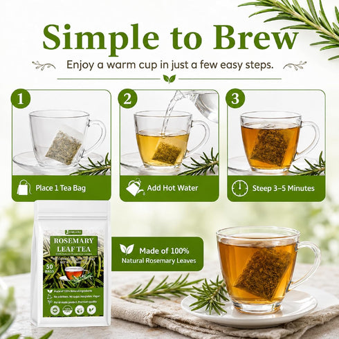50 Count, 100% Rosemary Tea Bags - Pure Dried Rosemary Leaves, Caffeine-Free Herbal Tea, Natural & Aromatic