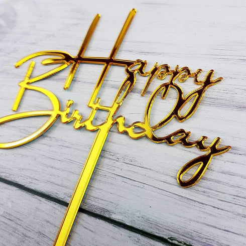 Happy Birthday Acrylic Cake Topper Decoration for Special Event, Mirror Gold